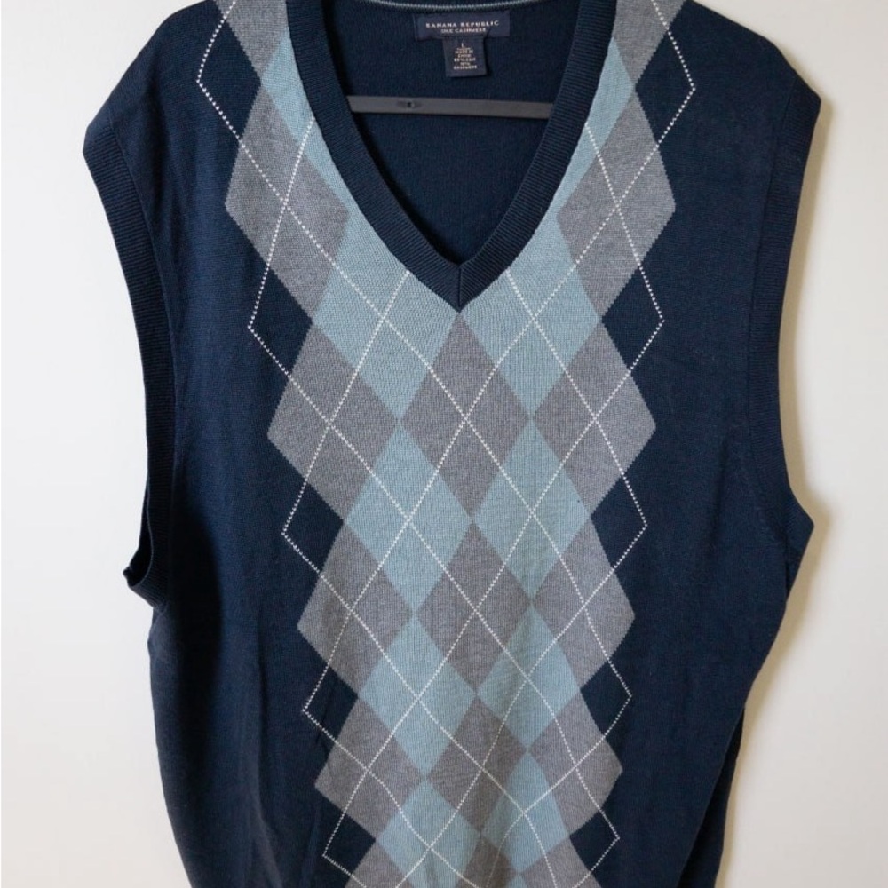 Banana Republic Argyle Sweater Vest Silk Cashmere Navy Blue Preppy